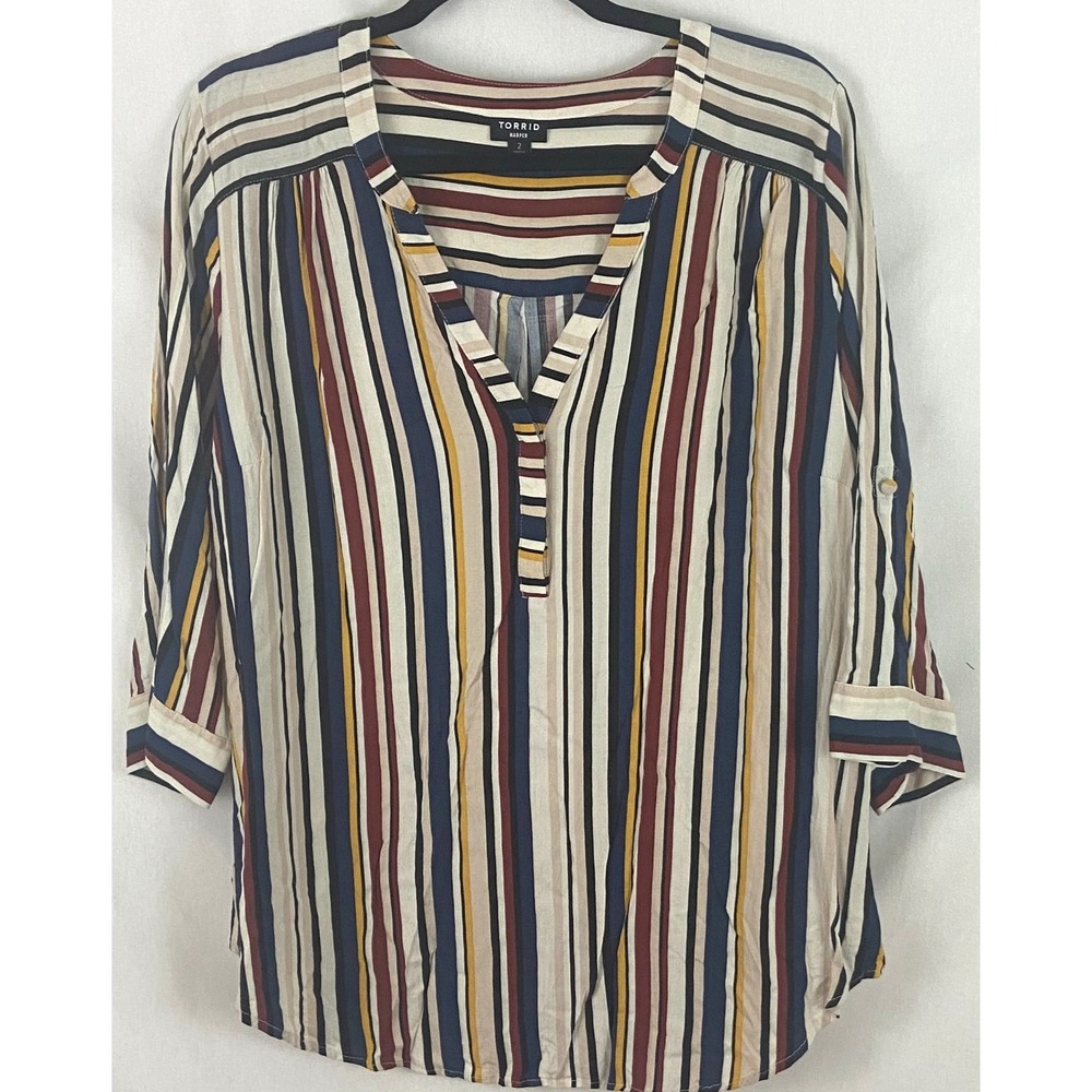 Torrid Harper Blouse Blue‎ Brown Yellow Striped V Neck Roll Tab Sleeves Sz 18-20